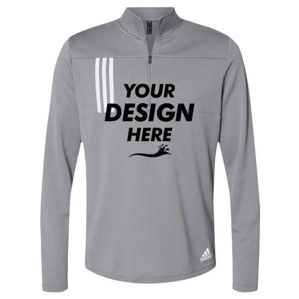 Adidas Men's 3-Stripes Double-Knit Quarter-Zip Pullover, Grey Three / White, Front view, Mockup