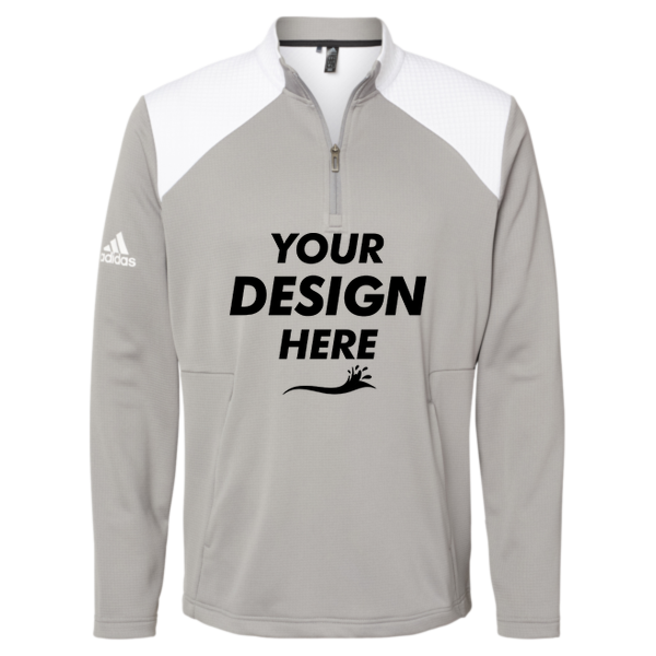 Adidas Men's Textured Mixed Media Quarter-Zip Pullover, Grey Three / White, Front view, Mockup