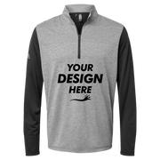 Adidas Men's Ultimate365 Heather Block Print Quarter-Zip Pullover, Black Melange / Black / Grey Three, Front view, Mockup