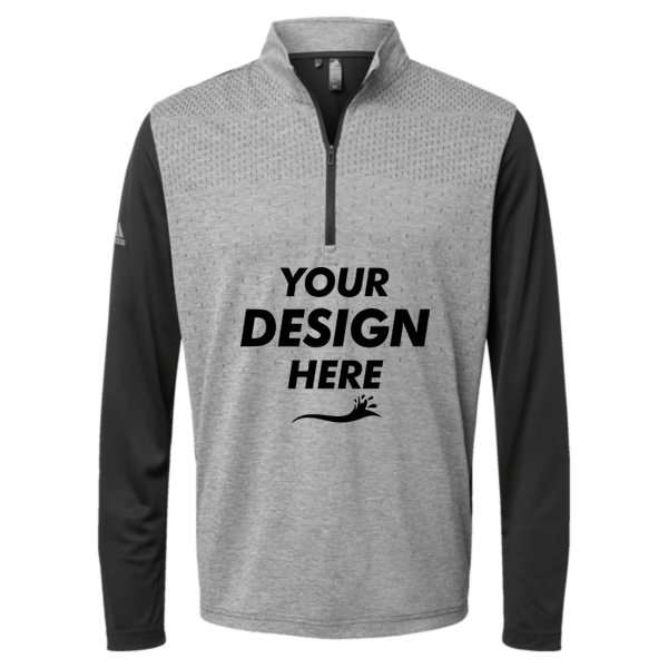 Adidas Men's Ultimate365 Heather Block Print Quarter-Zip Pullover, Black Melange / Black / Grey Three, Front view, Mockup