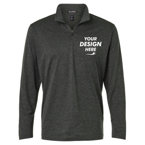 AllPro Men's Pro-Lock Performance Mélange Quarter-Zip Pullover, Black Melange, Front view, Mockup