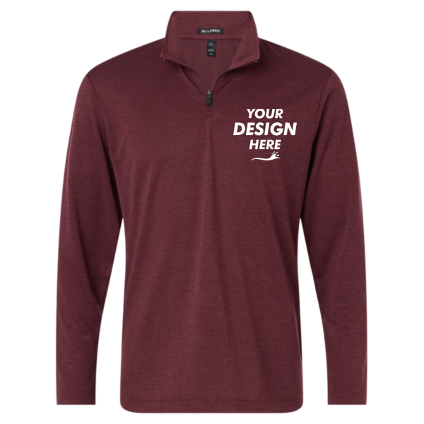 AllPro Men's Pro-Lock Performance Mélange Quarter-Zip Pullover, Maroon Melange, Front view, Mockup