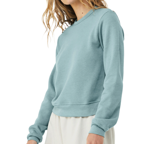 Bella + Canvas Women's Sponge Fleece Crewneck Sweatshirt, Heather Blue Lagoon, Left Sleeve view