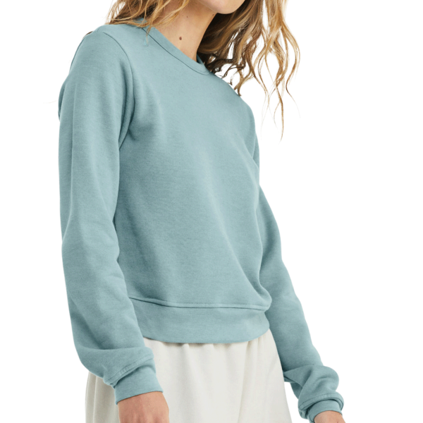Bella + Canvas Women's Sponge Fleece Crewneck Sweatshirt, Heather Blue Lagoon, Right Sleeve view