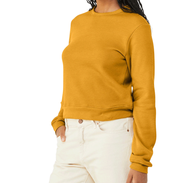 Bella + Canvas Women's Sponge Fleece Crewneck Sweatshirt, Heather Mustard, Left Sleeve view