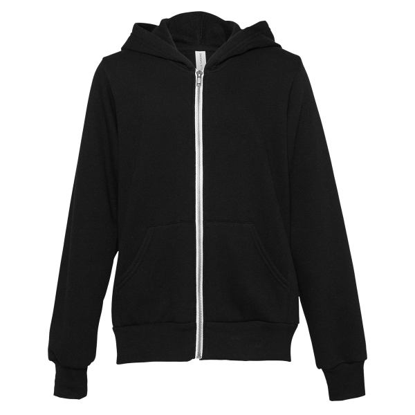Bella + Canvas Youth Sponge Fleece Full-Zip Hoodie Sweatshirt, Black, Front view