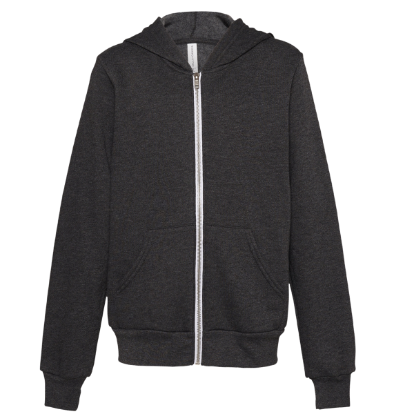 Bella + Canvas Youth Sponge Fleece Full-Zip Hoodie Sweatshirt, Dark Grey Heather, Front view