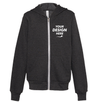 Bella + Canvas Youth Sponge Fleece Full-Zip Hoodie Sweatshirt, Dark Grey Heather, Front view, Mockup