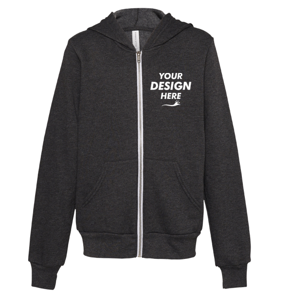 Bella + Canvas Youth Sponge Fleece Full-Zip Hoodie Sweatshirt, Dark Grey Heather, Front view, Mockup