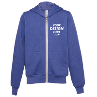 Bella + Canvas Youth Sponge Fleece Full-Zip Hoodie Sweatshirt, Heather True Royal, Front view, Mockup