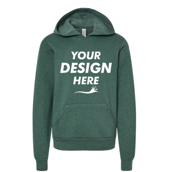Bella + Canvas Youth Sponge Fleece Hoodie Sweatshirt, Heather Forest, Front view, Mockup