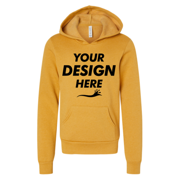 Bella + Canvas Youth Sponge Fleece Hoodie Sweatshirt, Heather Mustard, Front view, Mockup