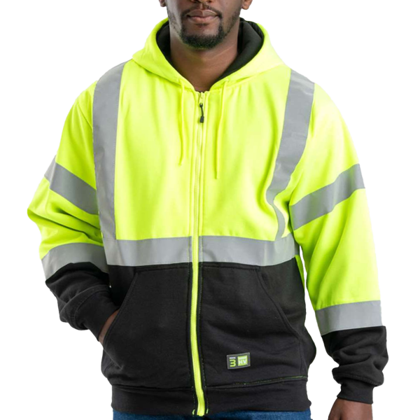 Berne Apparel Men's Hi-Vis Class 3 Color Block Full-Zip Hooded Sweatshirt, Hi Vis Yellow, Front view