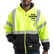 Berne Apparel Men's Hi-Vis Class 3 Color Block Full-Zip Hooded Sweatshirt, Hi Vis Yellow, Front view, Mockup