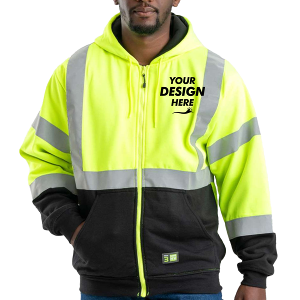Berne Apparel Men's Hi-Vis Class 3 Color Block Full-Zip Hooded Sweatshirt, Hi Vis Yellow, Front view, Mockup