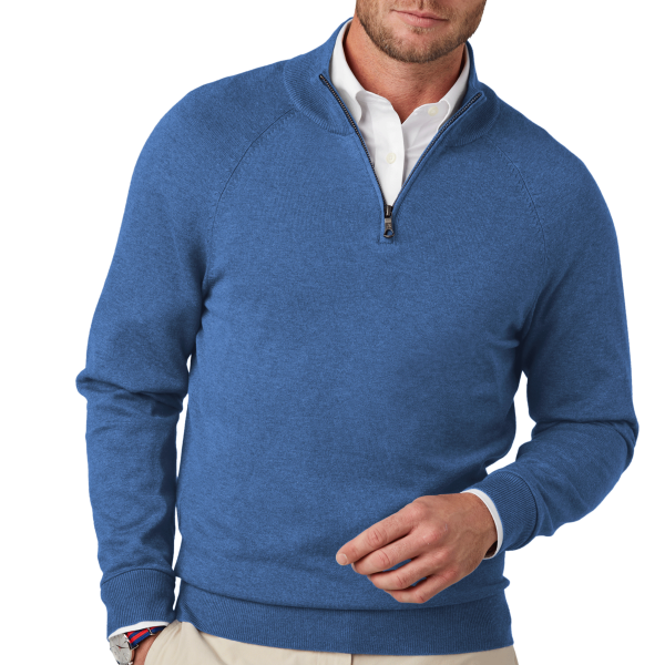 Brooks Brothers Cotton Stretch 1/4 Zip Sweater, Charter Blue Heather, Front view