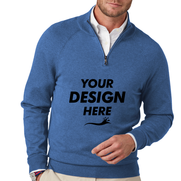 Brooks Brothers Cotton Stretch 1/4 Zip Sweater, Charter Blue Heather, Front view, Mockup
