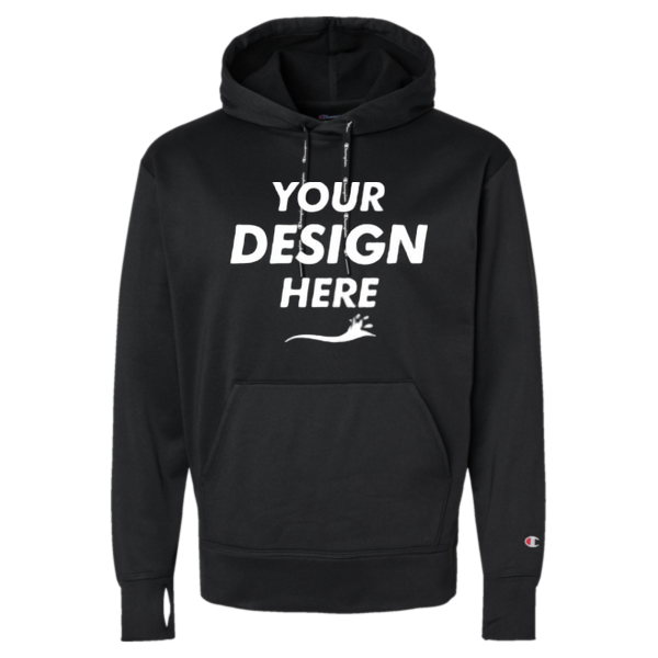 Champion Unisex Sport Hooded Sweatshirt, Black, Front view, Mockup