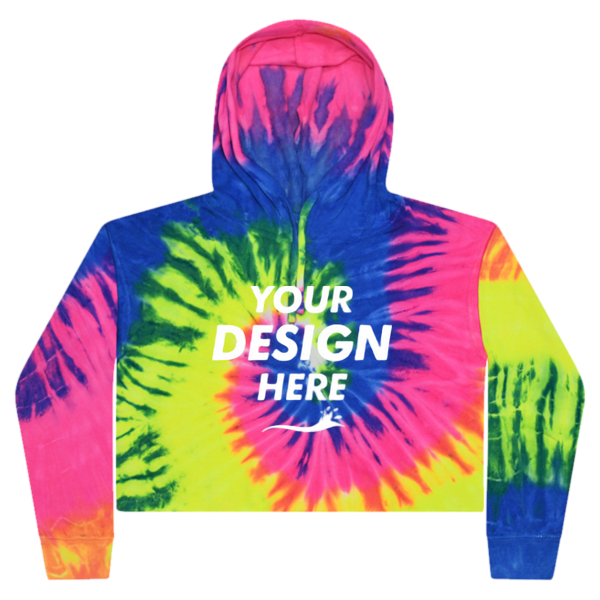 Colortone Women's Tie-Dyed Crop Hooded Sweatshirt, Neon Rainbow, Front view, Mockup