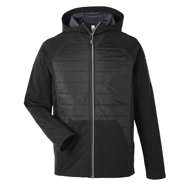 Core 365 Unisex Techno Lite Hybrid Hooded Jacket, Black, Front view