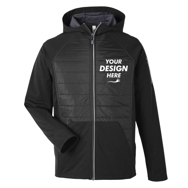 Core 365 Unisex Techno Lite Hybrid Hooded Jacket, Black, Front view, Mockup