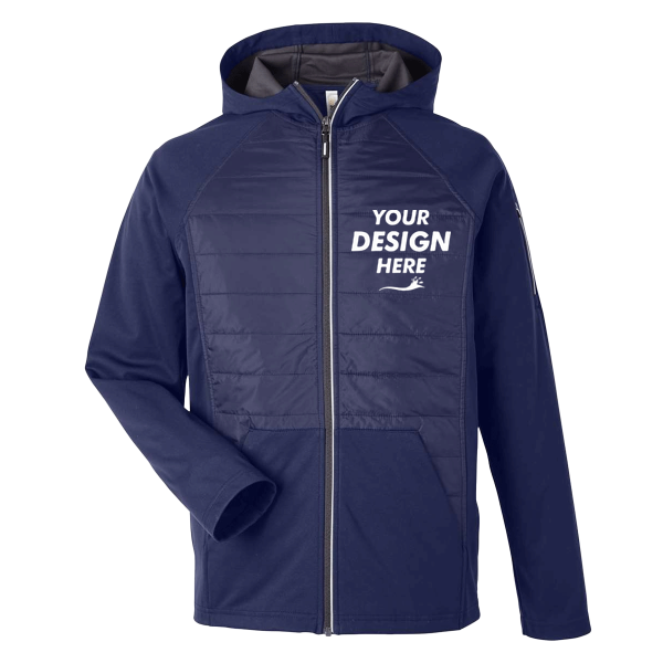 Core 365 Unisex Techno Lite Hybrid Hooded Jacket, Classic Navy, Front view, Mockup