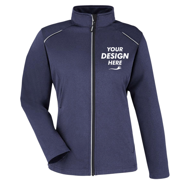 Core 365 Women's Techno Lite Three-Layer Knit Tech-Shell, Classic Navy Heather, Front view, Mockup