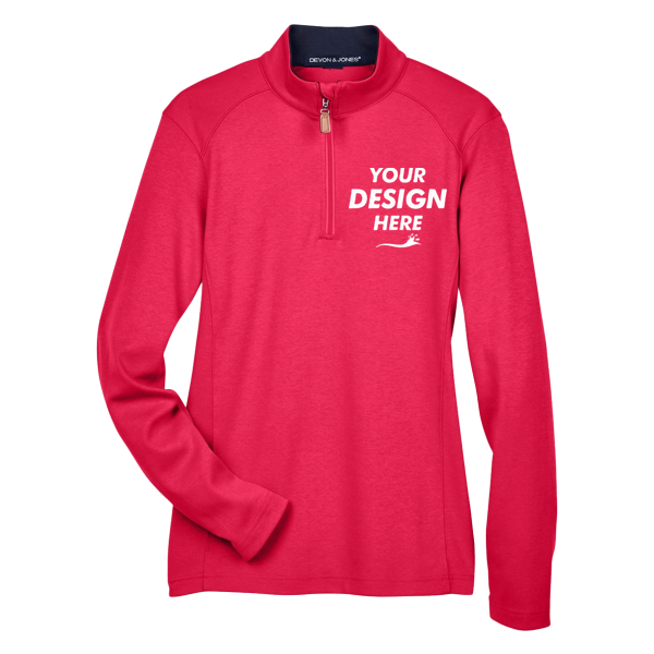 Devon & Jones Women's DRYTEC20™ Performance Quarter-Zip Pullover, Red / Navy / Red, Front view, Mockup