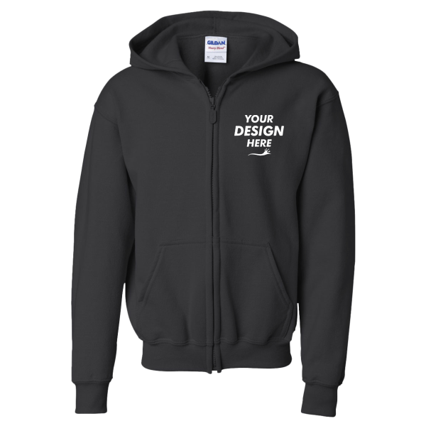 Gildan Heavy Blend™ Youth Full-Zip Hooded Sweatshirt, Black, Front view, Mockup