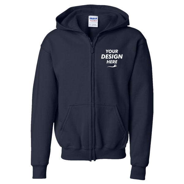 Gildan Heavy Blend™ Youth Full-Zip Hooded Sweatshirt, Navy, Front view, Mockup