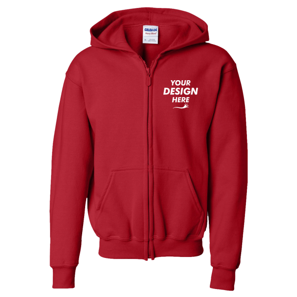 Gildan Heavy Blend™ Youth Full-Zip Hooded Sweatshirt, Red, Front view, Mockup