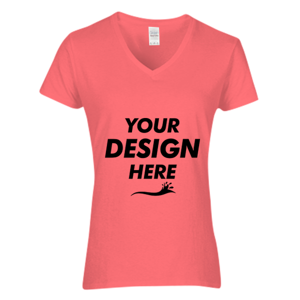 Gildan Women's Heavy Cotton™ V-Neck T-Shirt, Coral Silk, Front view, Mockup