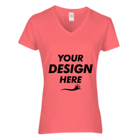 Gildan Women's Heavy Cotton™ V-Neck T-Shirt, Coral Silk, Front view, Mockup