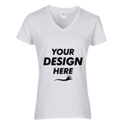 Gildan Women's Heavy Cotton™ V-Neck T-Shirt, White, Front view, Mockup