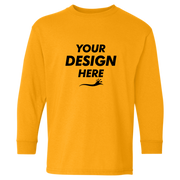 Gildan Youth Heavy Cotton™ Long Sleeve T-Shirt, Gold, Front view, Mockup