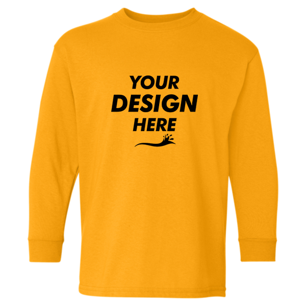 Gildan Youth Heavy Cotton™ Long Sleeve T-Shirt, Gold, Front view, Mockup