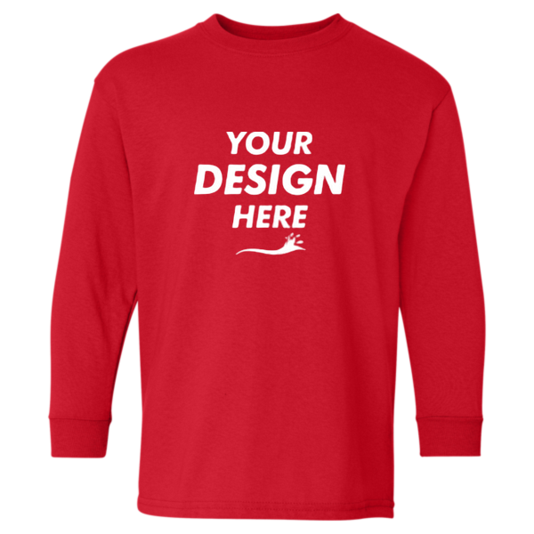 Gildan Youth Heavy Cotton™ Long Sleeve T-Shirt, Red, Front view, Mockup
