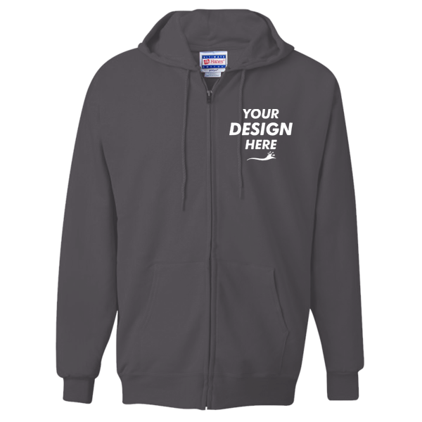 Hanes Unisex Ultimate Cotton® Full-Zip Hooded Sweatshirt, Charcoal Heather, Front view, Mockup