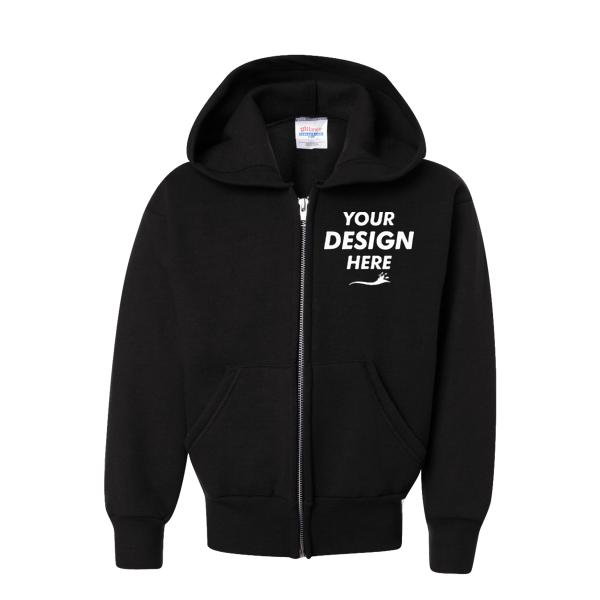 Hanes Youth EcoSmart® Full-Zip Hooded Sweatshirt, Black, Front view, Mockup