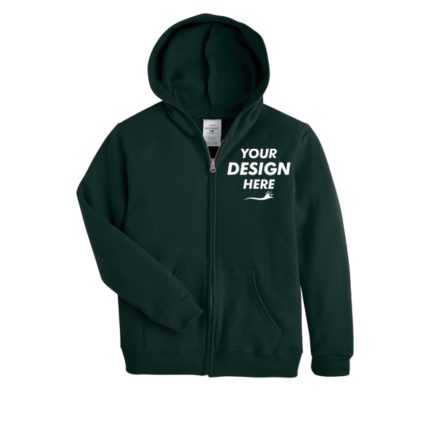 Hanes Youth EcoSmart® Full-Zip Hooded Sweatshirt, Deep Forest, Front view, Mockup