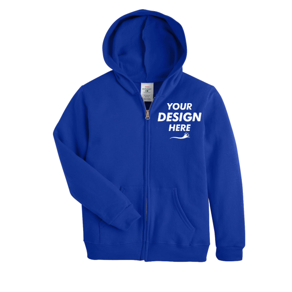 Hanes Youth EcoSmart® Full-Zip Hooded Sweatshirt, Deep Royal, Front view, Mockup