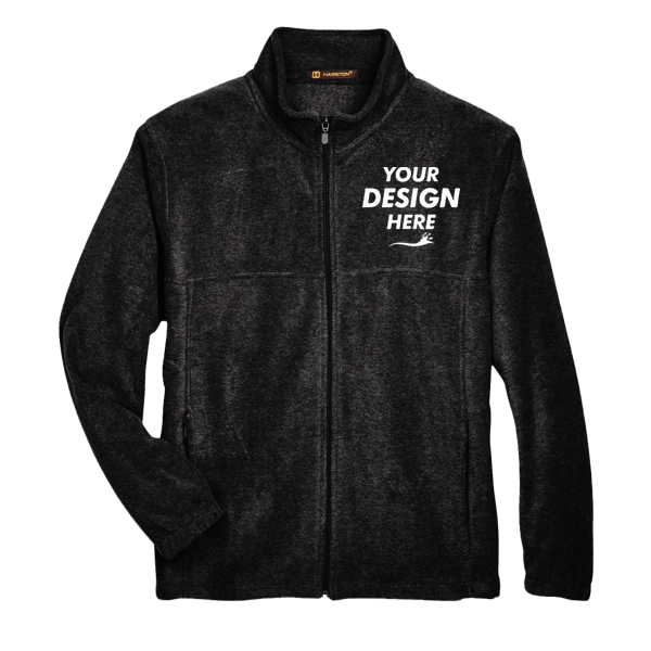 Harriton Men's Full-Zip Fleece, Black, Front view, Mockup