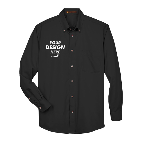 Harriton Men's Tall Easy Blend™ Twill Dress Shirt, Black, Front view, Mockup
