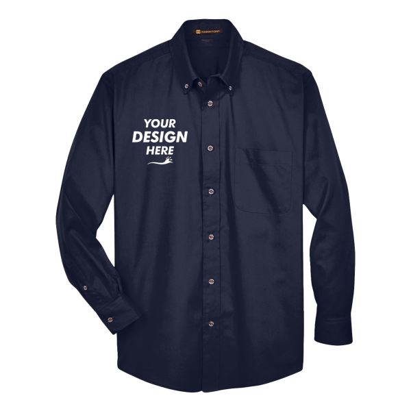 Harriton Men's Tall Easy Blend™ Twill Dress Shirt, Navy, Front view, Mockup