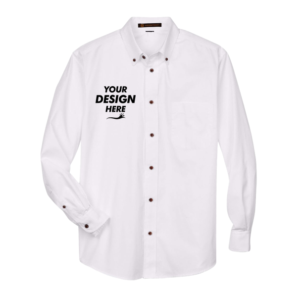 Harriton Men's Tall Easy Blend™ Twill Dress Shirt, White, Front view, Mockup