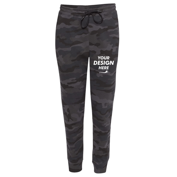 Independent Trading Co. Men's Midweight Fleece Sweatpants, Black Camo, Front view, Mockup