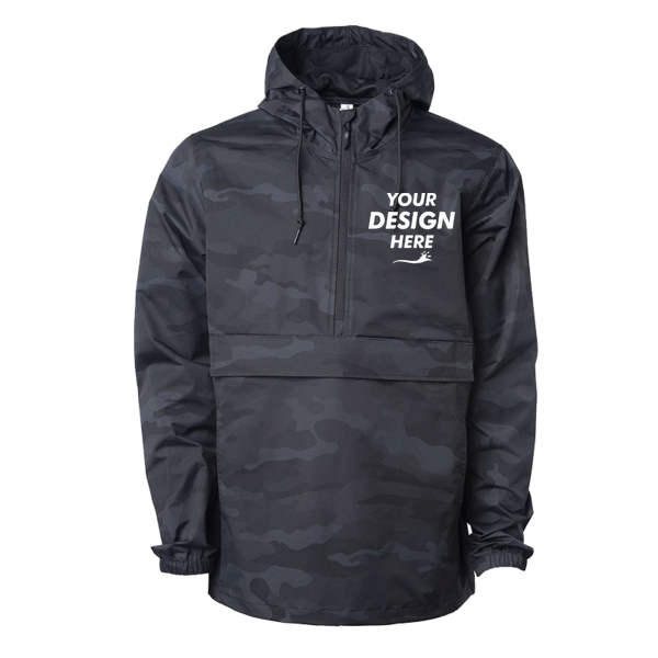 Independent Trading Co. Men's Nylon Anorak, Black Camo, Front view, Mockup