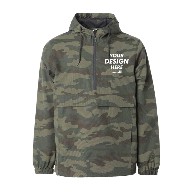 Independent Trading Co. Men's Nylon Anorak, Forest Camo, Front view, Mockup