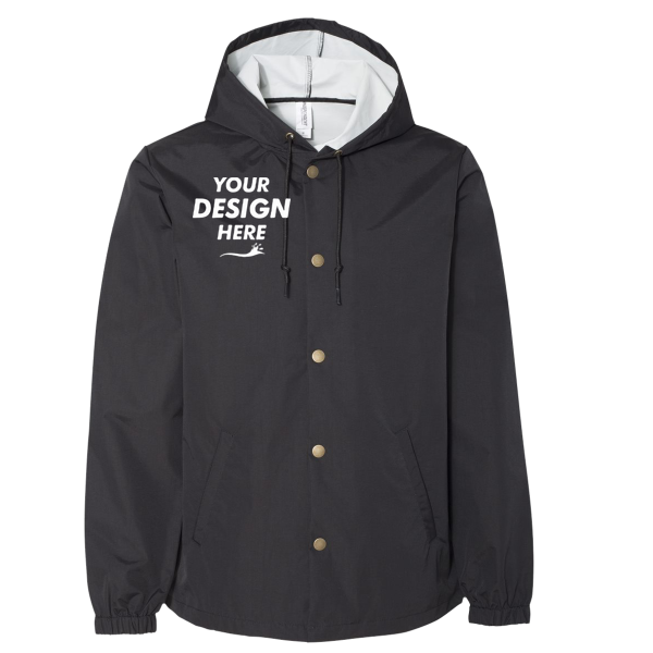 Independent Trading Co. Men's Water-Resistant Hooded Windbreaker, Black / Black, Front view, Mockup