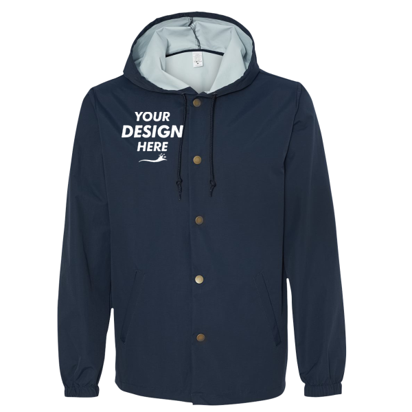 Independent Trading Co. Men's Water-Resistant Hooded Windbreaker, Classic Navy / Classic Navy, Front view, Mockup